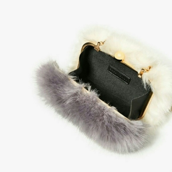 Zara Faux Fur Mini Clutch Bag Gray Cream NWT - Picture 5 of 5